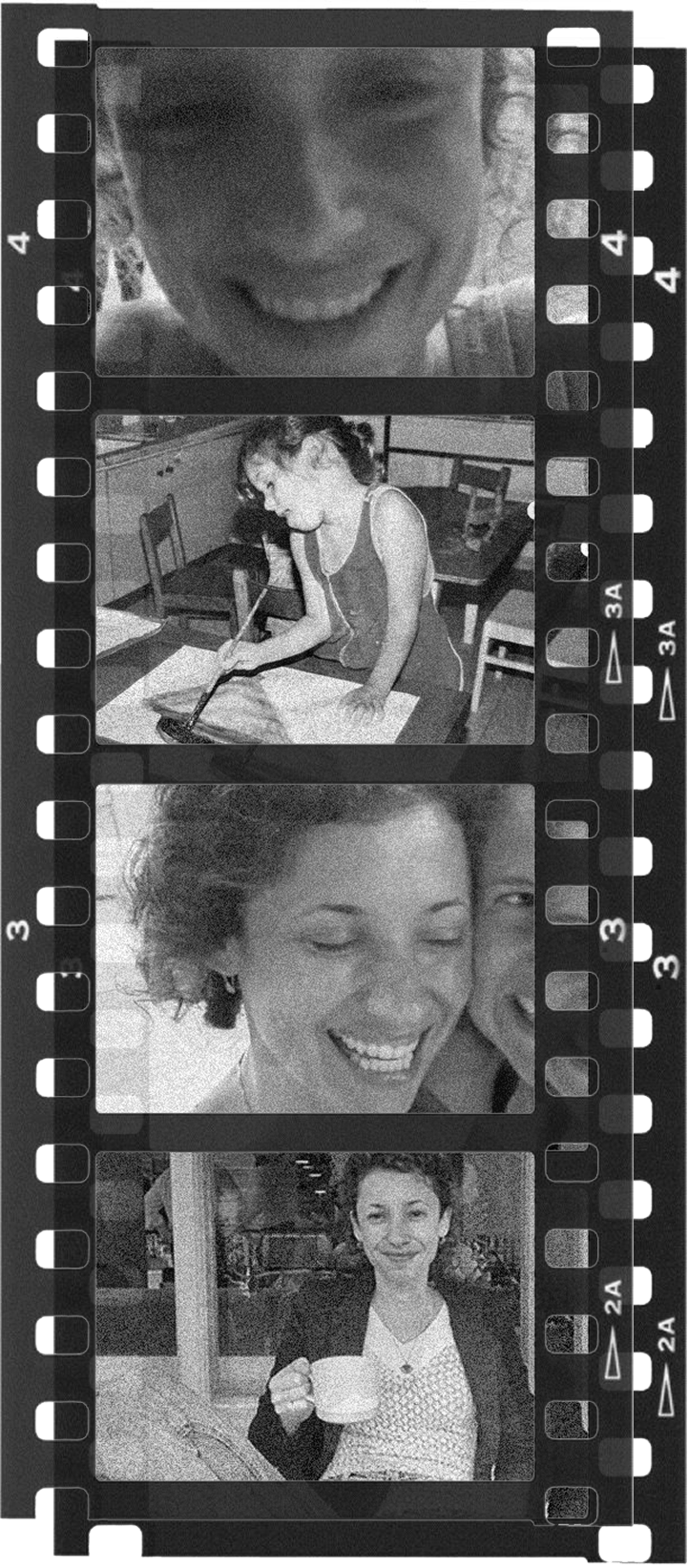 Four black and white portraits of Yael arranged in overlapping photographic filmstrips