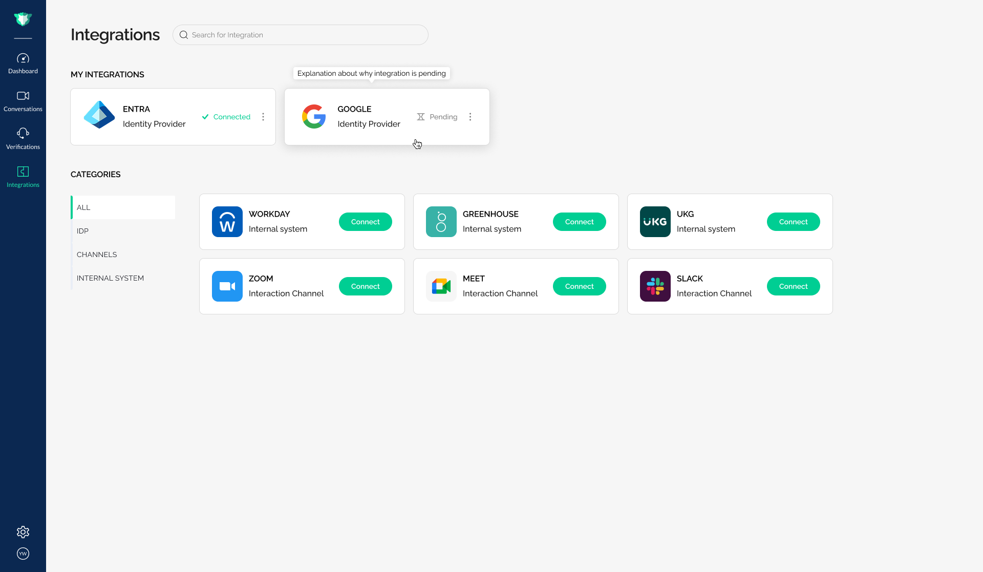Integrations pending tooltip